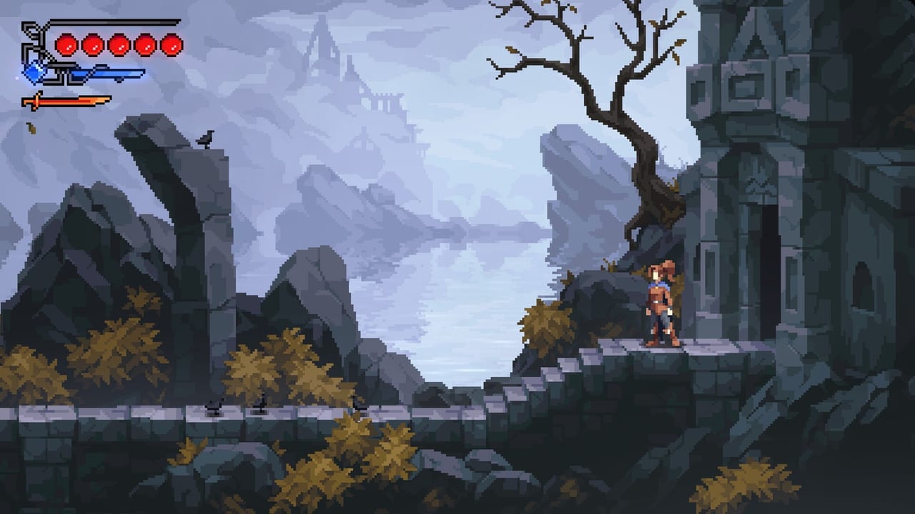 Fjør standing on stone stairs overlooking misty northern island ruins, a lake, and distant towers